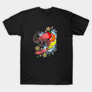 Shrimp Roll - Japanese Style Tattoo Shrimp w/ Rainbow Roll Sushi T-Shirt